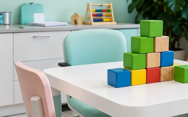 Sala de atendimento infantil com mesa, cadeiras e blocos coloridos, representando um ambiente de aprendizagem e intervenção comportamental.
