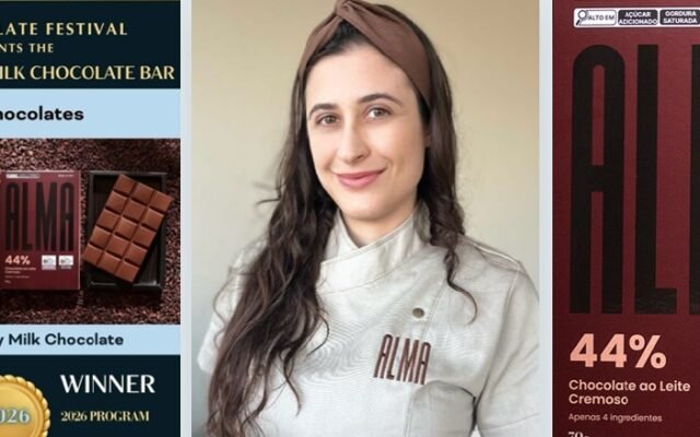 Francine Corrado, engenheira de alimentos e proprietária da ALMA Chocolates, celebra a medalha de prata na categoria chocolate ao leite do Chocolate Alliance Awards.